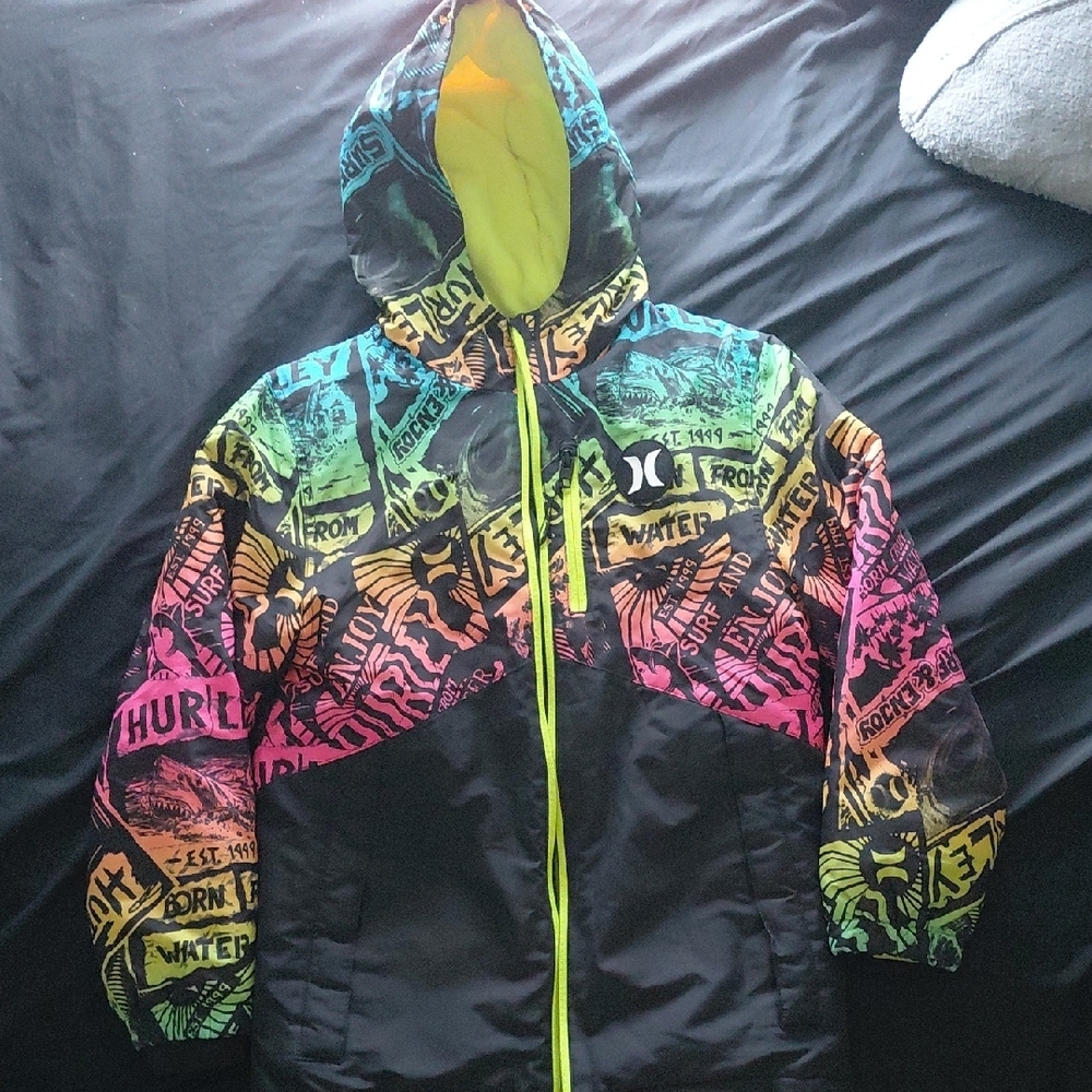 Hurley Multicolor Neon Graphic Hooded Winter Coat Boys M